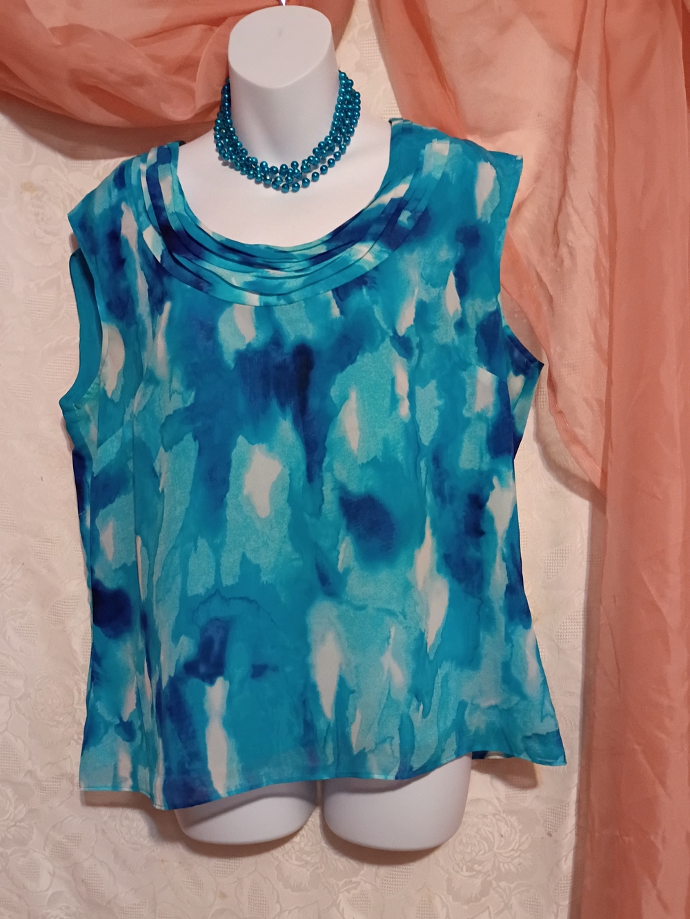 Evan Picone Ladies Turquoise Blue Watercolor Sleeveless  Top Sz 14
